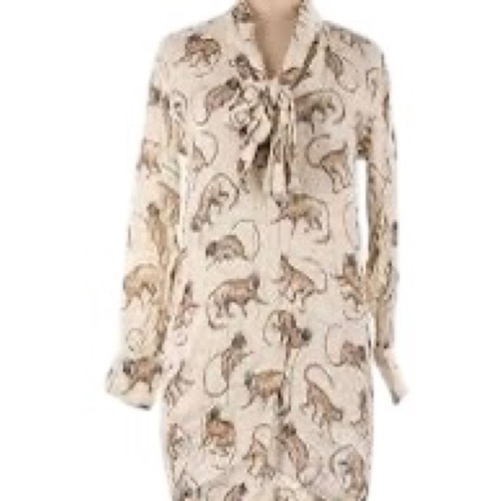 H&M Monkey Print Tie Neck Shift Dress Size 2 Cream Jacquard Rare Discontinued - Picture 9 of 16